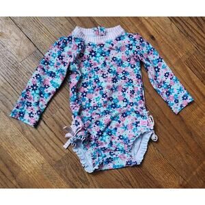 Ruffle Butts Pink Sun Pink Floral Long Sleeve Swim Suit 12-18 Months Child